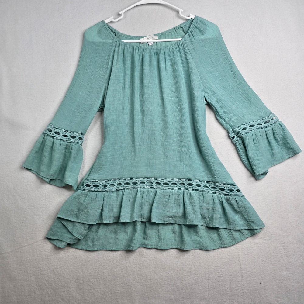 NEW DIRECTIONS Teal Crinkle Gauze Boho Tiered Ruffle Dress Crochet Trim Size L - Picture 1 of 7
